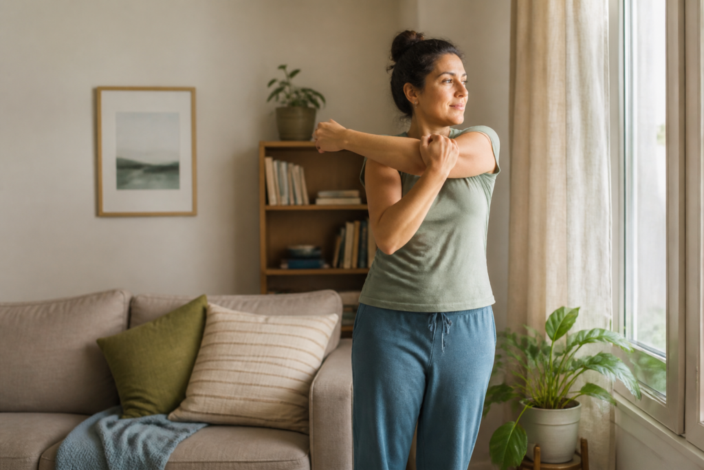 Woman gently stretching beside a sunny window as part of an accessible daily movement routine.