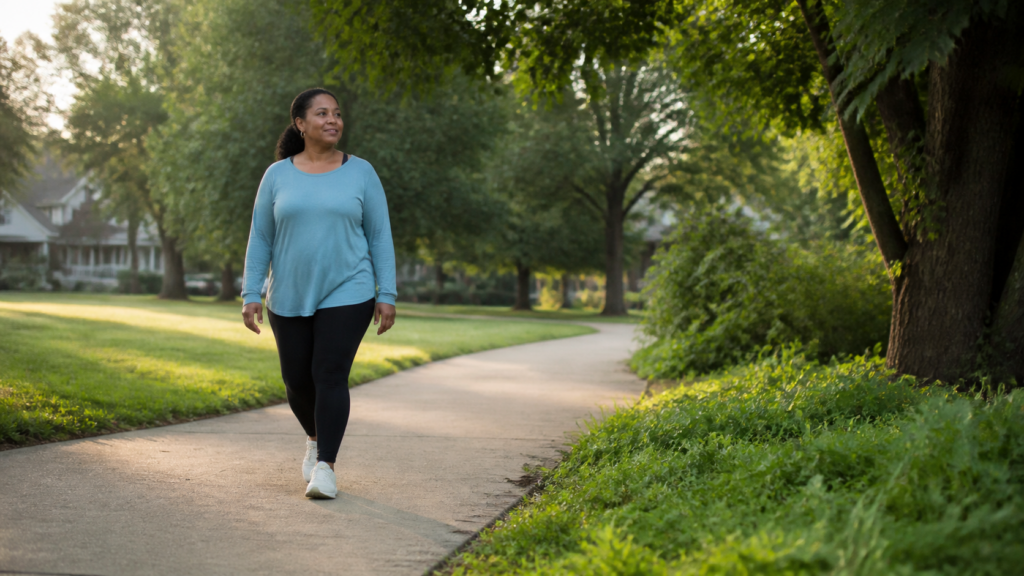 Woman taking a relaxed walk on a tree-lined neighborhood path to support her mental health.