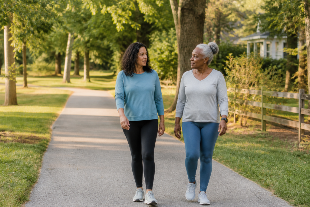 Two friends walking and talking on a neighborhood path, combining movement with social connection.
